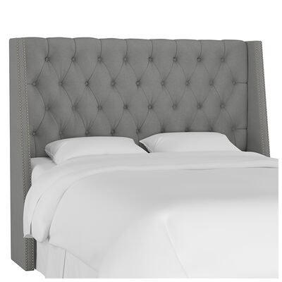 Skyline Full Nail Button Tufted Wingback Headboard in Linen - Grey | 121NBPWLNNGR