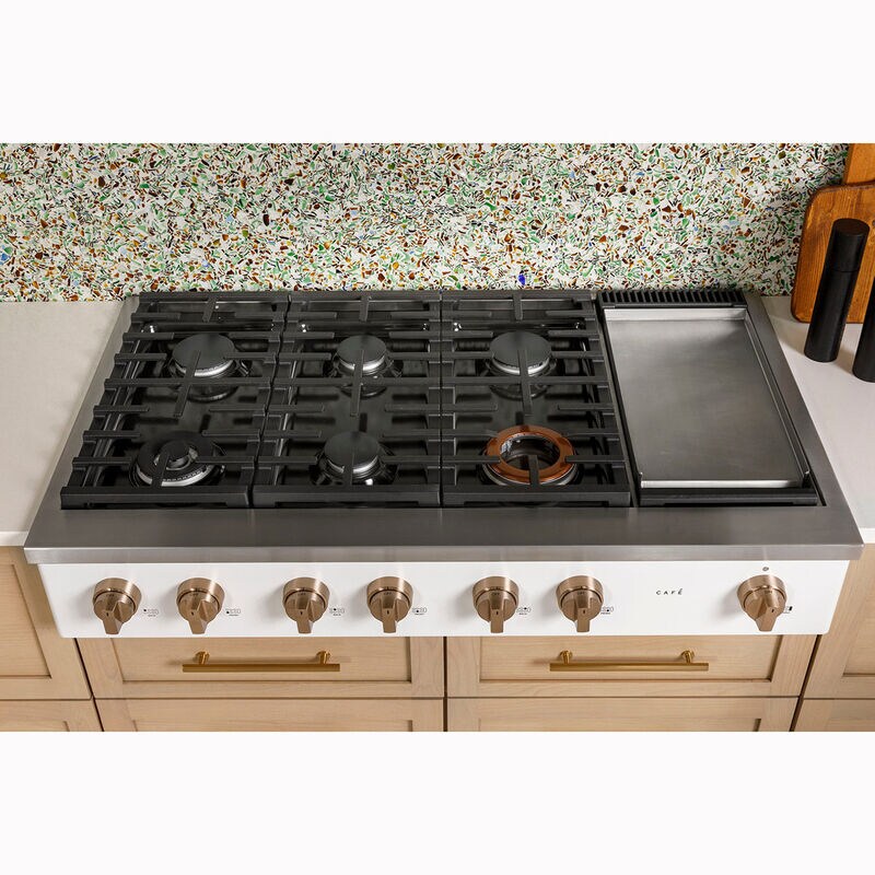 Cafe 48 in. 6-Burner Natural Gas Rangetop with Griddle, Simmer Burner & Power Burner - Matte White, Matte White, hires