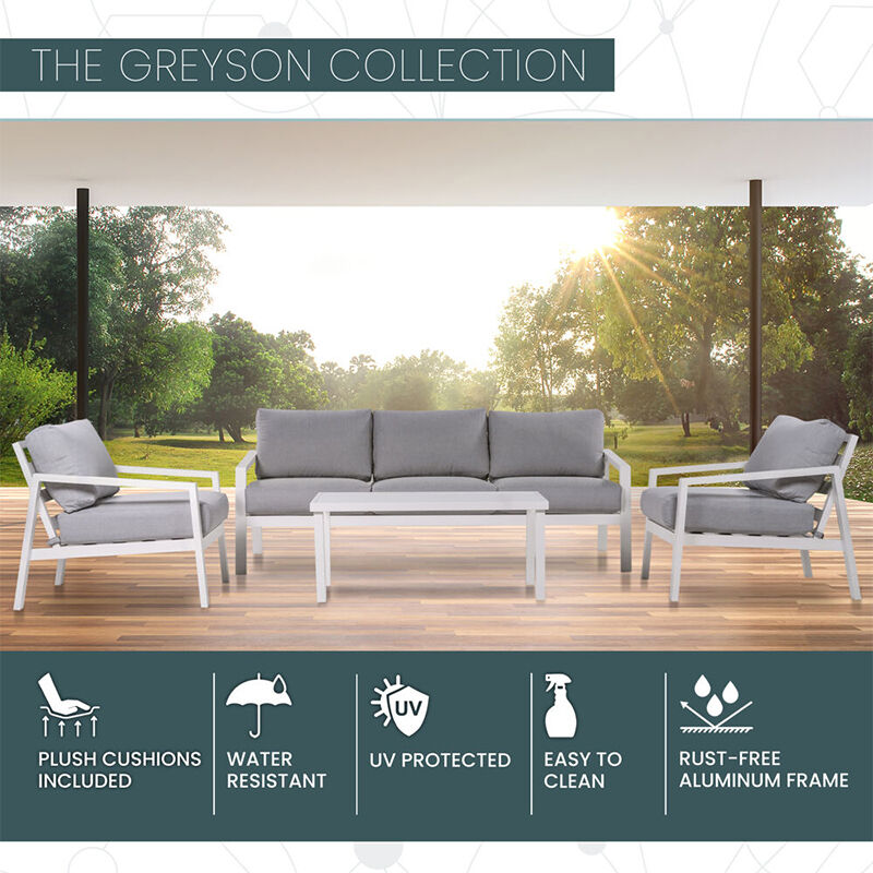 Mod Greyson Collection 4-Piece Conversation Set With 2 Side Chairs, Sofa, and Slat-Top Coffee Table - Gray/White, , hires