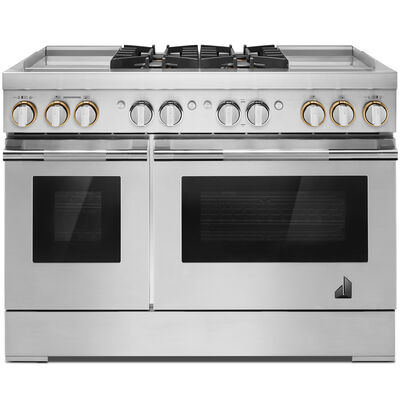 JennAir Rise Series 48 in. 4.1 cu. ft. Smart Convection Double Oven Freestanding Dual Fuel Range with 4 Sealed Burners & Griddle - Stainless Steel | JDRP848HL