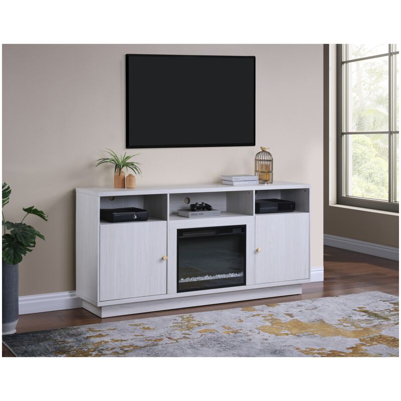 Lilola Ambrose 70"W White Walnut Finish Fireplace TV Stand Console with Heater, LED Light, Cabinets, Shelves, , hires