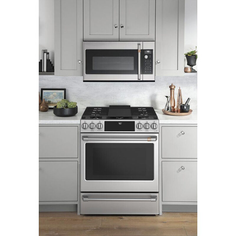 Cafe 30 in. 5.6 cu. ft. Smart Air Fry True European Convection Slide-In Gas Range with 6 Sealed Burners & Griddle - Stainless Steel, Stainless Steel, hires