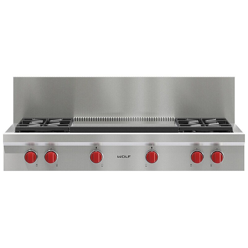 Wolf 48 in. 4-Burner Natural Gas Rangetop with Griddle & Power Burner - Stainless Steel, , hires