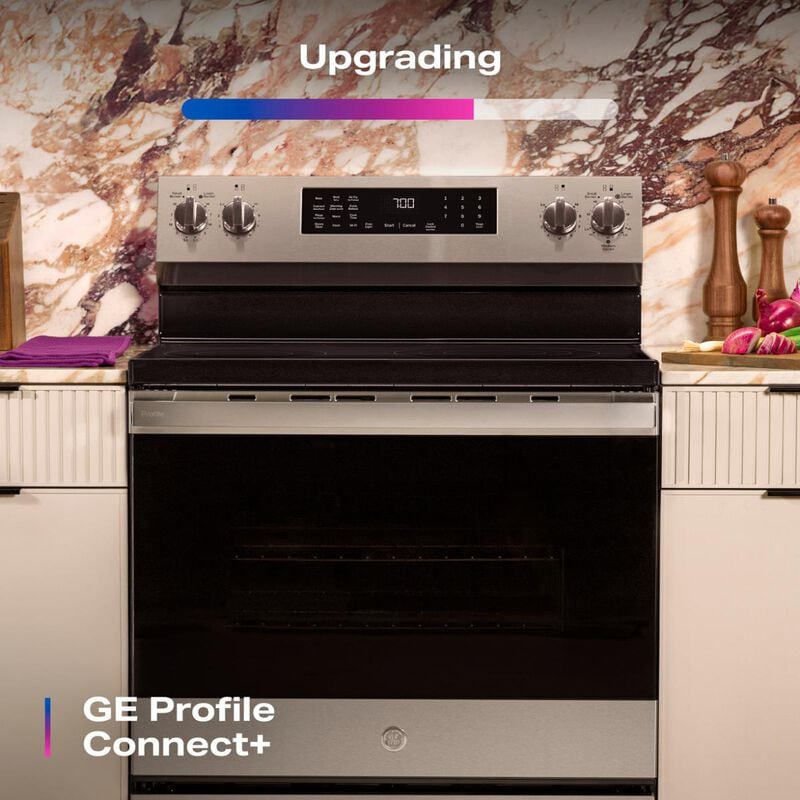 GE Profile 30 in. 5.3 cu. ft. Smart Air-Fry Standard Convection Electric Range with Radiant Burners - Fingerprint Resistant Stainless Steel, , hires