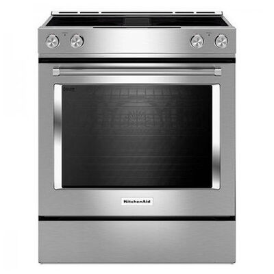 KitchenAid 30 in. 6.4 cu. ft. Convection Oven Slide-In Electric Range with 4 Smoothtop Burners - Stainless Steel | KSEG950ESS