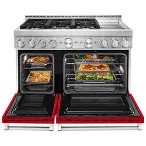 KitchenAid 48 in. 6.3 cu. ft. Smart True European Convection Double Oven Gas Range with 6 Sealed Burners & Griddle - Passion Red, , hires