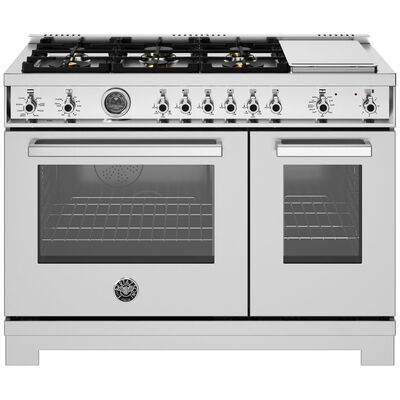 Bertazzoni Professional Series 48 in. 7.0 cu. ft. Air Fry Convection Oven Freestanding Dual Fuel Range with 6 Sealed Burners & Griddle - Stainless Steel | PR486BTFEPXT