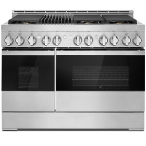 JennAir Noir Series 48 in. 6.3 cu. ft. Smart True European Convection Double Oven Gas Range with 6 Sealed Burners & Grill - Stainless Steel, , hires