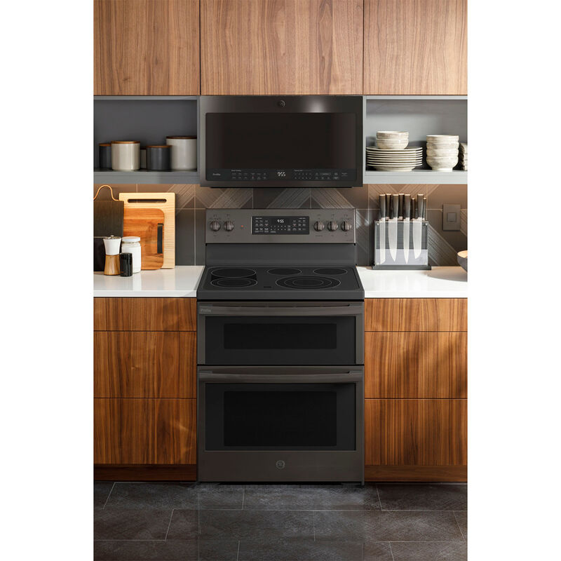 GE Profile 30 in. 6.6 cu. ft. Smart Air Fry True European Convection Double Oven Electric Range with Radiant Burners - Black Stainless, Black Stainless, hires