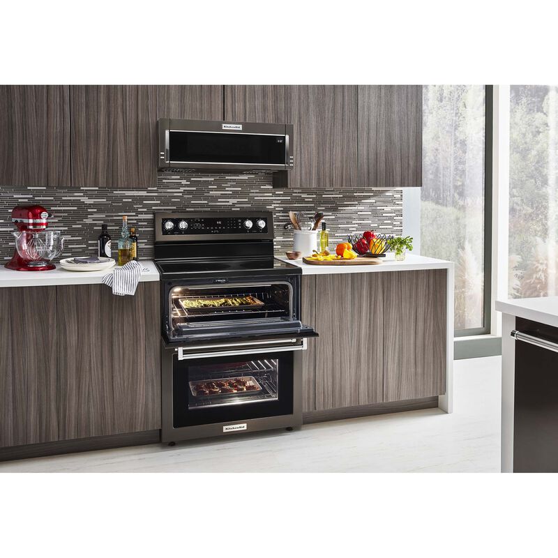 KitchenAid 30 in. 6.7 cu. ft. True European Convection Double Oven Electric Range with Radiant Burners - Black Stainless Steel with PrintShield Finish, , hires