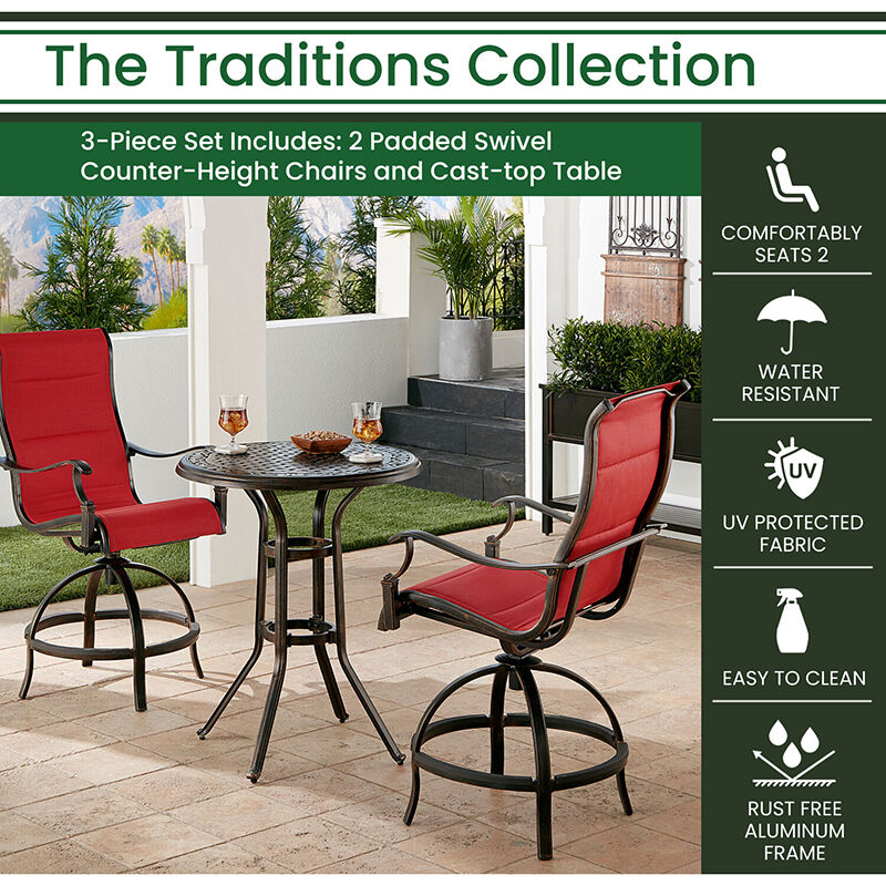 Hanover Traditions 3 Piece High Dining Bistro Set With 2 Padded Swivel Chairs And 30 Cast Top Table Red Bronze P C Richard Son - Hanover Bronze Patio Set
