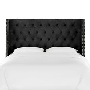 Skyline Full Nail Button Tufted Wingback Headboard in Velvet - Black, Black, hires