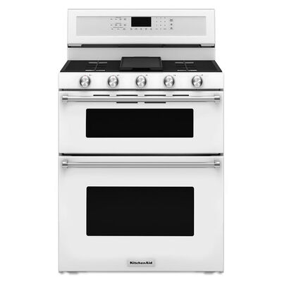 KitchenAid 30 in. 6.0 cu. ft. Convection Double Oven Freestanding Gas Range with 5 Sealed Burners - White | KFGD500EWH