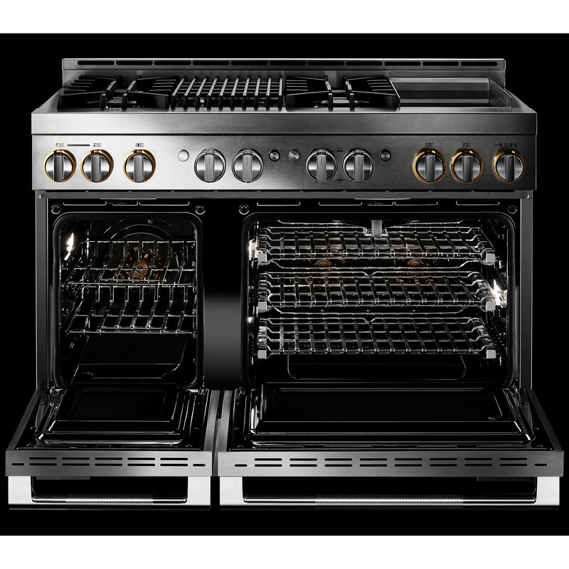 JennAir Rise Series 48 in. 6.3 cu. ft. Smart True European Convection Double Oven Gas Range with 4 Sealed Burners, Grill & Griddle - Stainless Steel, , hires