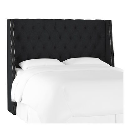 Skyline Twin Nail Button Tufted Wingback Headboard in Linen - Black | 120NBPWLNNBL