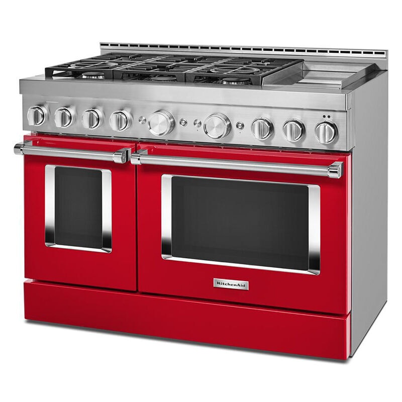 KitchenAid 48 in. 6.3 cu. ft. Smart True European Convection Double Oven Gas Range with 6 Sealed Burners & Griddle - Passion Red, , hires