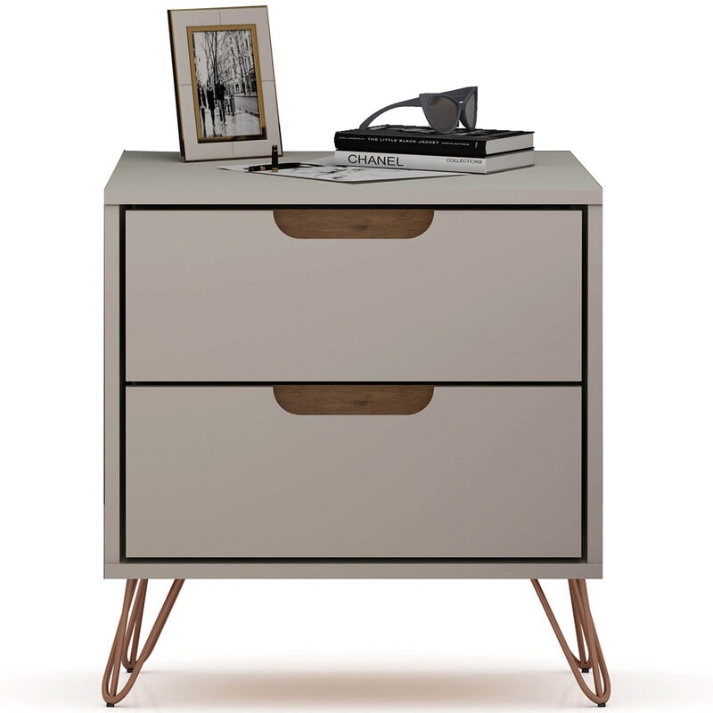 Manhattan Comfort Rockefeller Mid-Century Modern 2-Drawer Nightstand Off White/Natural, White, hires