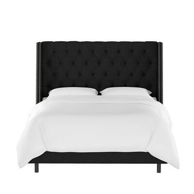 Skyline Twin Nail Button Tufted Wingback Bed in Linen - Black | 120NBBEDPWLB