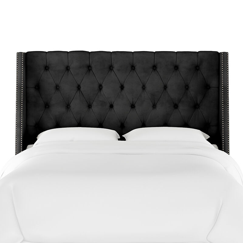 Skyline Twin Nail Button Tufted Wingback Headboard in Velvet - Black, Black, hires