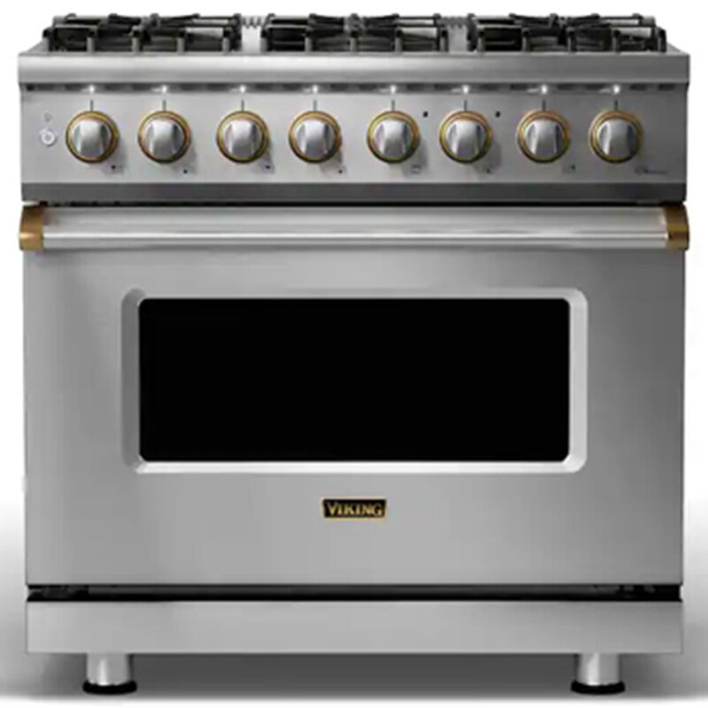 Viking 5 Series 36 in. 5.6 cu. ft. True European Convection Dual Fuel Range with 6 Sealed Burners - Stainless Steel with Brass, , hires