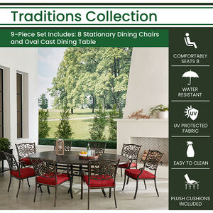 Hanover Traditions 9-Piece Dining Set With Eight Stationary Dining Chairs And 95" x 60" Oval Cast Dining Table - Red/Bronze, , hires