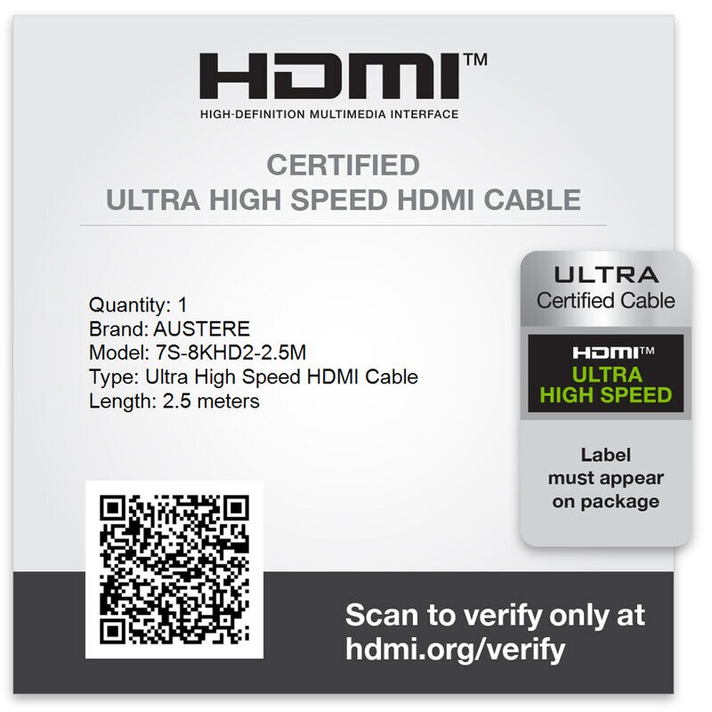 Austere VII Series 8K Ultra-High Speed 48Gbps HDMI Cable - 2.5m, , hires