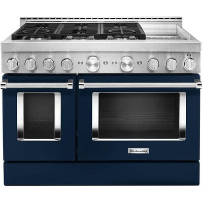 KitchenAid 48 in. 6.3 cu. ft. Smart Convection Double Oven Freestanding Gas Range with 6 Sealed Burners & Griddle - Blue | KFGC558JIB