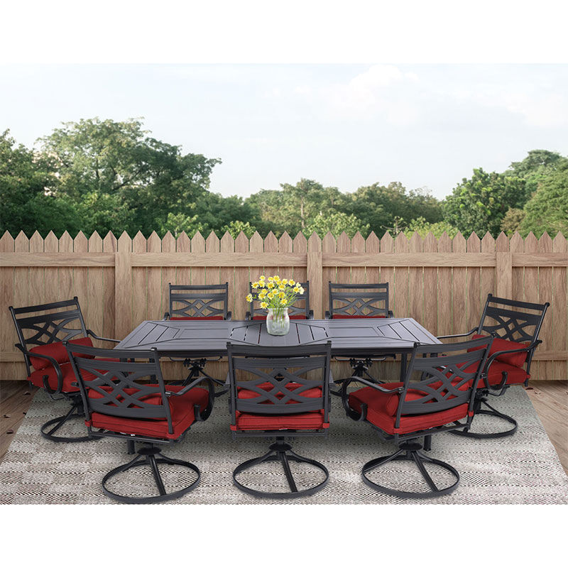 Hanover Montclair 9-Piece Dining Set with 8 Swivel Rockers and a 42" x 84" Table - Chile Red/Brown, , hires