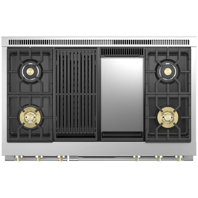 Monogram Statement Series 48 in. 8.2 cu. ft. Smart Air Fry True European Convection Double Oven Dual Fuel Range with 4 Sealed Burners, Grill & Griddle - Stainless Steel, , hires