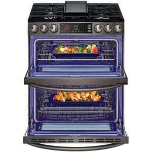 LG InstaView 30 in. 6.9 cu. ft. Smart Air Fry True European Convection Double Oven Slide-In Gas Range with 5 Sealed Burners & Griddle - PrintProof Black Stainless Steel, PrintProof Black Stainless Steel, hires