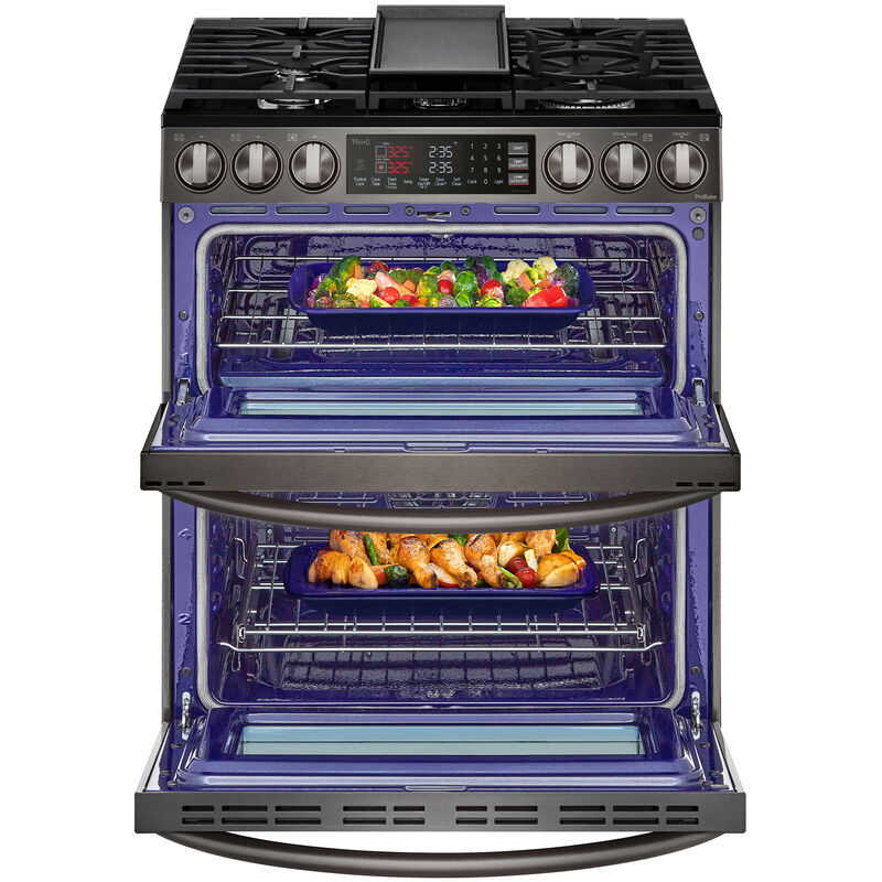 LG InstaView 30 in. 6.9 cu. ft. Smart Air Fry True European Convection Double Oven Slide-In Gas Range with 5 Sealed Burners & Griddle - PrintProof Black Stainless Steel, PrintProof Black Stainless Steel, hires