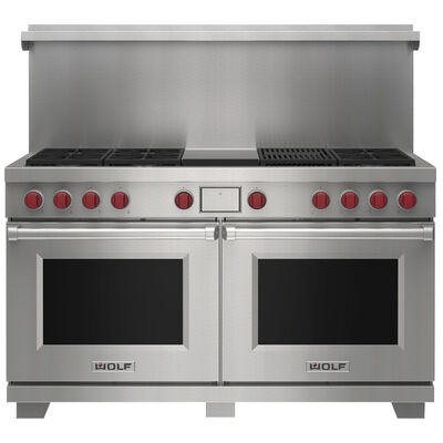Wolf 60 in. 9.6 cu. ft. Smart Convection Double Oven Freestanding Dual Fuel Range with 6 Sealed Burners & Griddle - Stainless Steel | DF60650CGSP