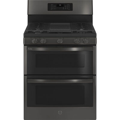GE Profile 30 in. 6.8 cu. ft. Smart Air Fry Convection Double Oven Freestanding Gas Range with 5 Sealed Burners, Grill & Griddle - Black with Stainless Steel | PGB965BPTS