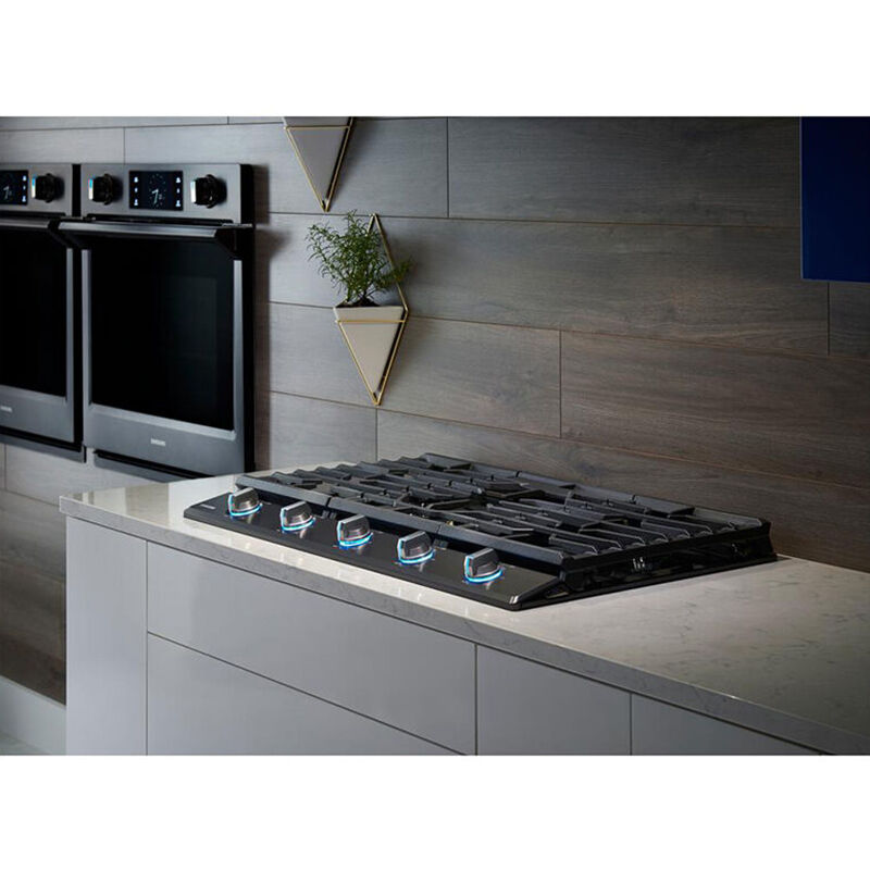 Samsung 36 in. 5-Burner Smart Natural Gas Cooktop with Bluetooth, Griddle, Simmer Burner & Power Burner - Black Stainless Steel, Black Stainless Steel, hires