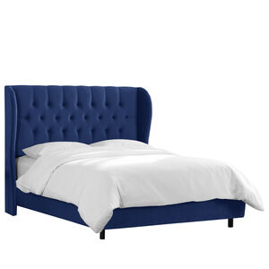 Skyline Furniture Tufted Wingback Velvet Fabric Upholstered Queen Size Bed - Navy Blue, Navy, hires