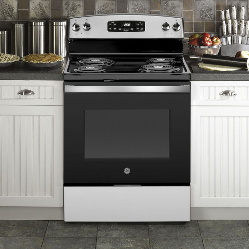 GE 30 in. 5.3 cu. ft. Oven Freestanding Electric Range with 4 Coil Burners - Stainless Steel, Stainless Steel, hires