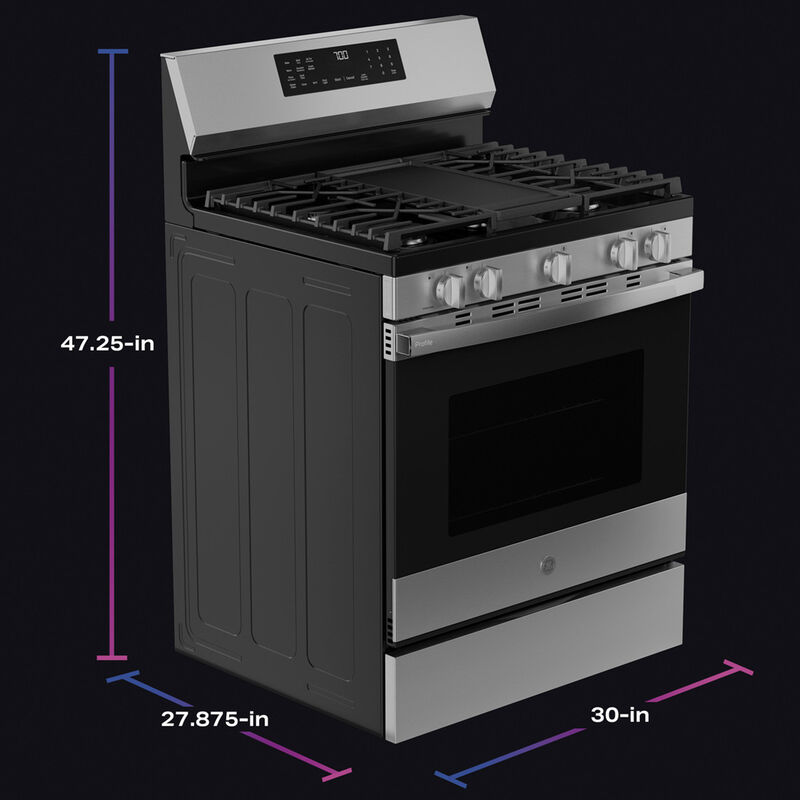 GE Profile 30 in. 5.3 cu. ft. Smart Air-Fry Standard Convection Gas Range with 5 Sealed Burners, Reversible Grill & Griddle - Fingerprint Resistant Stainless Steel, , hires