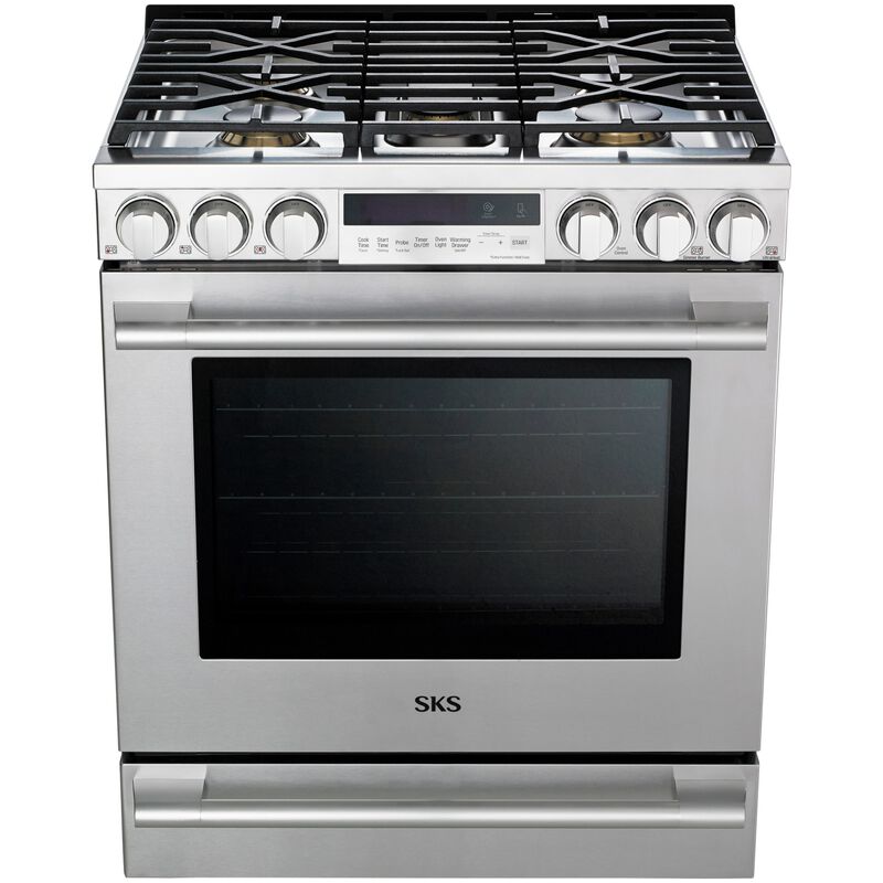 SKS 30 in. 6.3 cu. ft. Smart Standard Convection Slide-In Gas Range with 5 Sealed Burners & Griddle - Stainless Steel, , hires