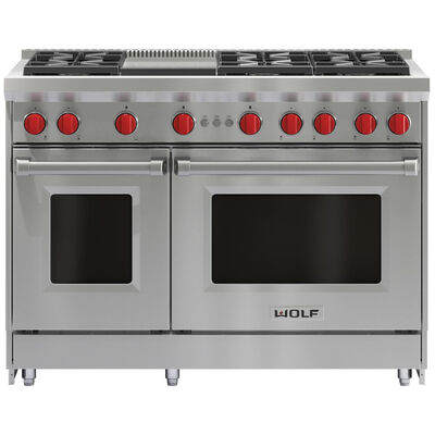 Wolf 48 in. 6.9 cu. ft. Standard Convection Double Oven Gas Range with 6 Sealed Burners & Griddle - Stainless Steel | GR486GLP