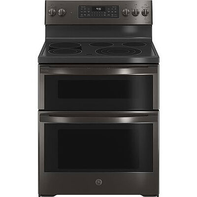 GE Profile 30 in. 6.6 cu. ft. Smart Air Fry Convection Double Oven Freestanding Electric Range with 5 Radiant Burners - Black with Stainless Steel | PB965BPTS