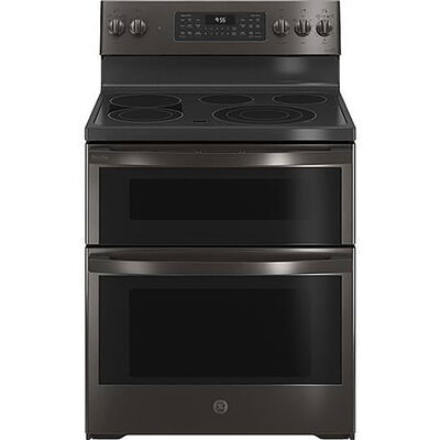 GE Profile 30 in. 6.6 cu. ft. Smart Air Fry True European Convection Double Oven Electric Range with Radiant Burners - Black Stainless | PB965BPTS