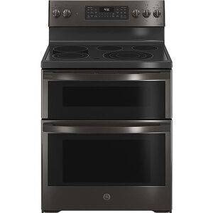 GE Profile 30 in. 6.6 cu. ft. Smart Air Fry Convection Double Oven Freestanding Electric Range with 5 Radiant Burners - Black with Stainless Steel, Black with Stainless Steel, hires