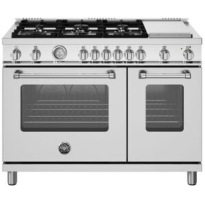 Bertazzoni Master Series 48 in. 7.1 cu. ft. Convection Double Oven Freestanding Natural Gas Range with 6 Sealed Burners & Griddle - Stainless Steel, , hires