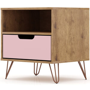Manhattan Comfort Rockefeller Mid-Century Modern 1-Drawer Nightstand Rose Pink, Pink, hires