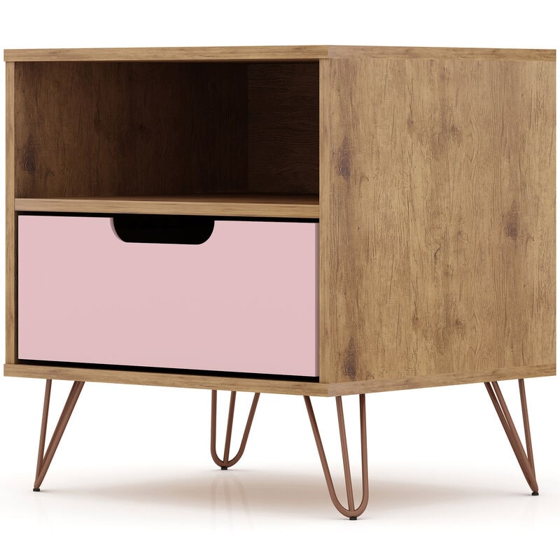Manhattan Comfort Rockefeller Mid-Century Modern 1-Drawer Nightstand Rose Pink, Pink, hires