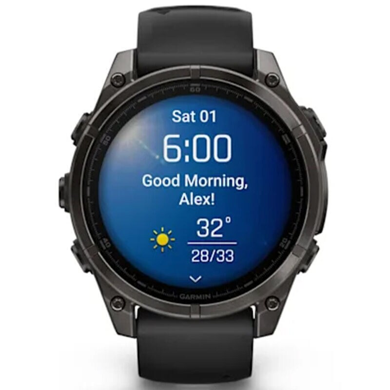 Garmin f nix 8 47 mm, AMOLED Smart Watch - Sapphire, Carbon Gray DLC Titanium with Black/Pebble Gray Silicone Band, , hires