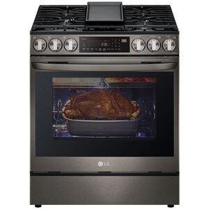 LG InstaView 30 in. 6.3 cu. ft. Smart Air Fry True European Convection Slide-In Gas Range with 5 Sealed Burners & Griddle - Black Stainless, Black Stainless, hires