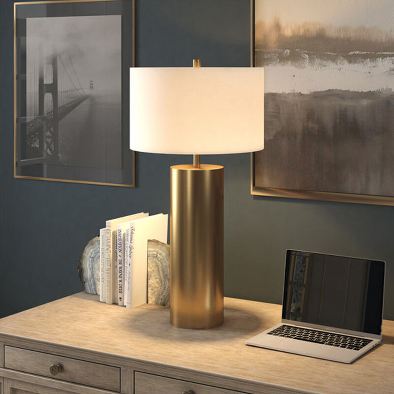 Hudson & Canal York Tall Table Lamp with Fabric Shade - Brass, , hires