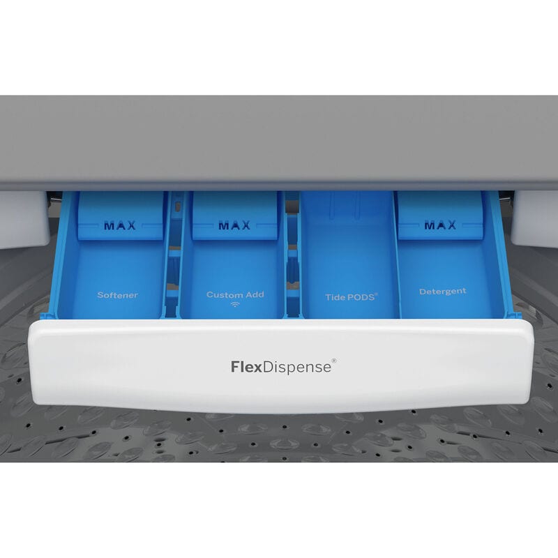 GE Profile 28 in. 5.3 cu. ft. Smart Top Load Washer with Agitator, Smarter Wash Technology, FlexDispense & Sanitize with Oxi - White, White on White, hires