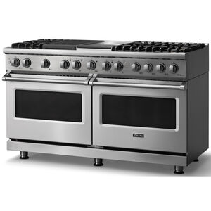 Viking 5 Series 60 in. 9.4 cu. ft. True European Convection Double Oven Dual Fuel Range with 6 Sealed Burners, Grill & Griddle - Stainless Steel - Liquid Propane Gas, Polished Chrome Trim Option, , hires
